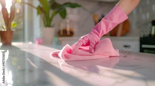 A person in gloves cleans a pink kitchen countertop with a rag, emphasizing household hygiene and domestic chores, including wiping surfaces and maintaining cleanliness.