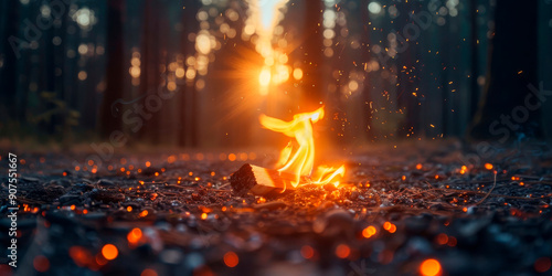 Campfire burning in a dense forest during the evening. Concept for outdoor activities, camping, wilderness survival, and nature appreciation. Suitable for travel blogs, adventure magazines, survival  photo