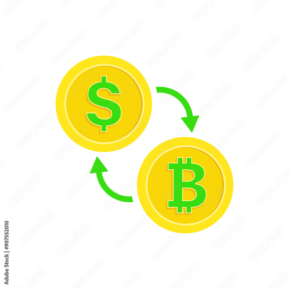 The exchange of dollar to bitcoin. Currency conversion. Buying or selling cryptocurrency, vector illustration