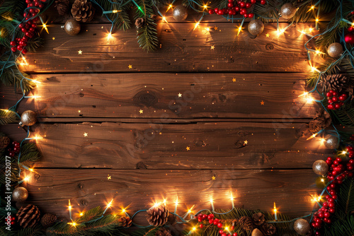 Christmas background with fir branches, decorations and string lights in the frame and an empty space for content on rustic wooden table. Top view