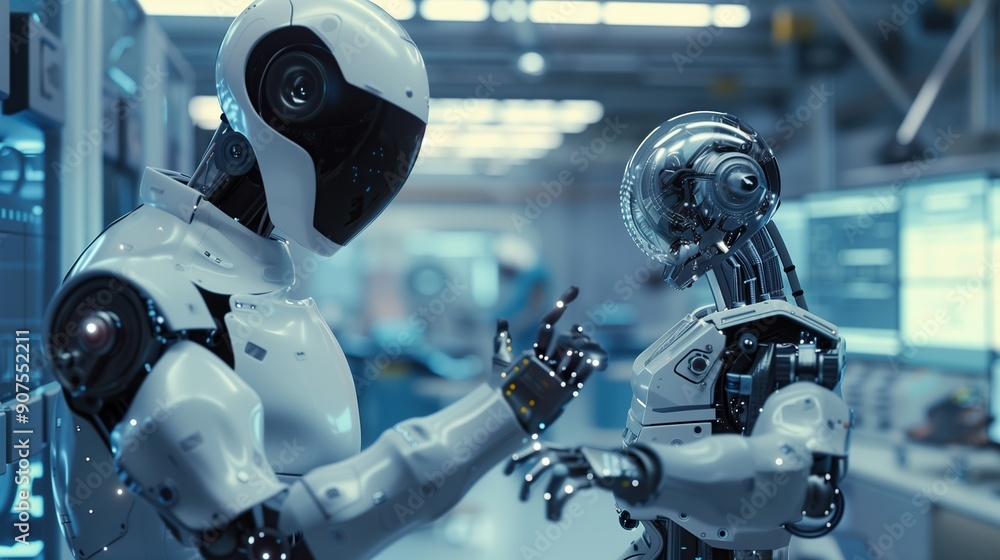 Fototapeta premium Futuristic cyberpunk robots and AI, featuring advanced technology, autonomous systems, and high-tech innovation, highlight self-sufficient machines and digital development in a science fiction setting
