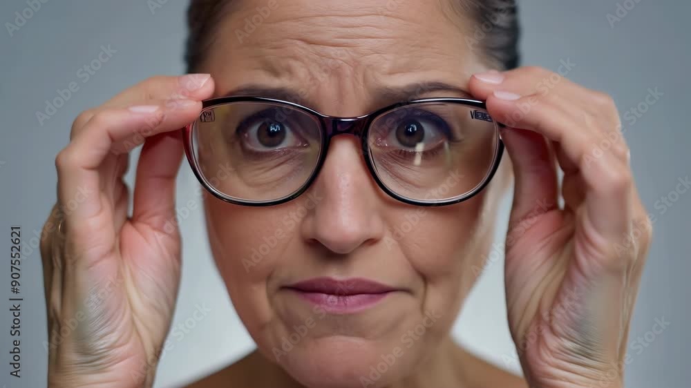 Shocked middle-aged woman with wide eyes adjusting glasses, portrait of stunned mature female with surprised expression Shocked middle-aged woman with wide eyes adjusting glasses, portrait of stunned mature female with surprised expression