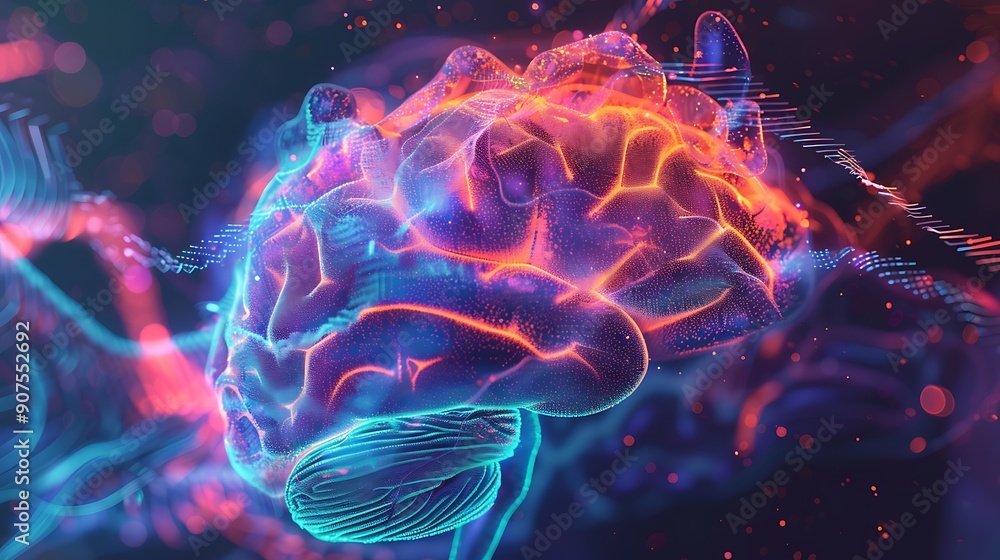 Digital illustration of a brain with neon lights and glowing particles. It is an abstract representation of the mind and its potential. Digital illustration of a brain with neon lights and glowing particles. It is an abstract representation of the mind and its potential.