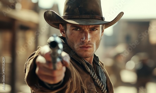 Western movie shot, front view of a cowboy ready to do a duel in middle of a wild west town pointing gun to camera, Generative AI
