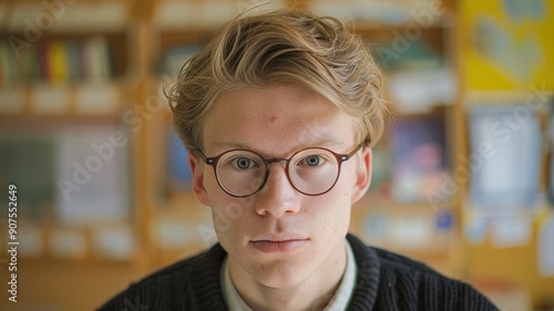 Engaging close-up portrait of a young Finnish male teacher in a vibrant classroom setting