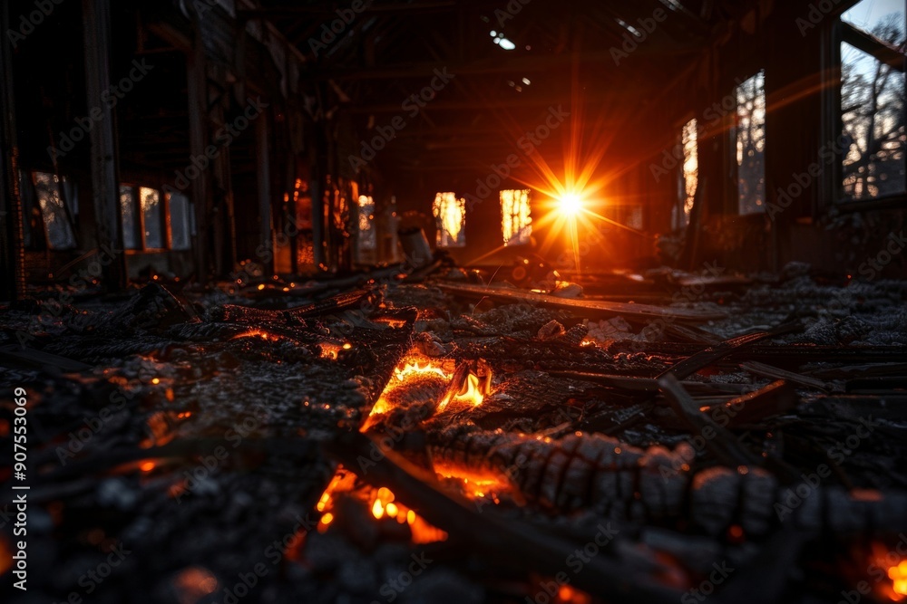 Obraz premium A soft glow amidst soot and cinders highlights the somber aftermath of a fire.