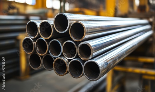 Stack of stainless steel pipes background , metallurgical industry backdrop concept image, Generative AI