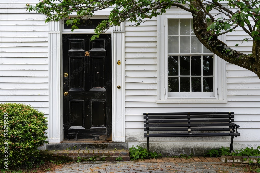 Fototapeta premium Black front door of white house, tree and bench, Generative AI