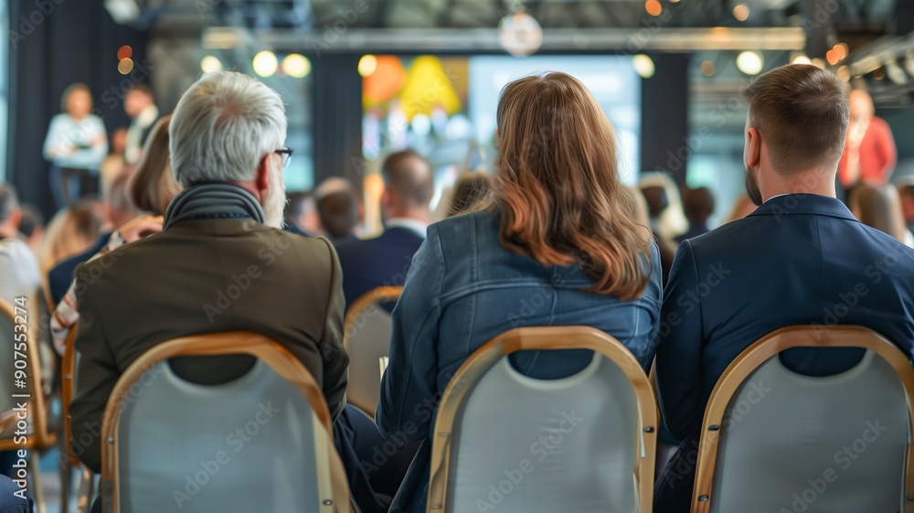 A view from the back of seated people watching a businessman in a suit speaking on stage. Perfect for illustrating leadership, corporate presentations, public speaking, and educational events. A view from the back of seated people watching a businessman in a suit speaking on stage. Perfect for illustrating leadership, corporate presentations, public speaking, and educational events.