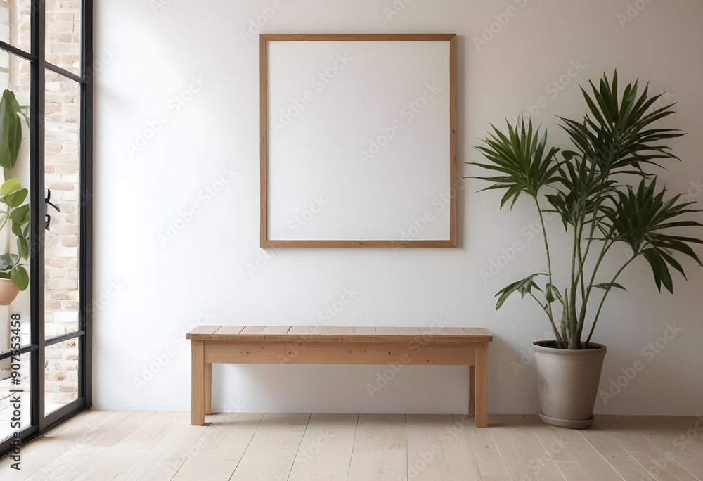 Fototapeta premium A wooden frame on a white wall with a wooden bench and a potted plant in the foreground