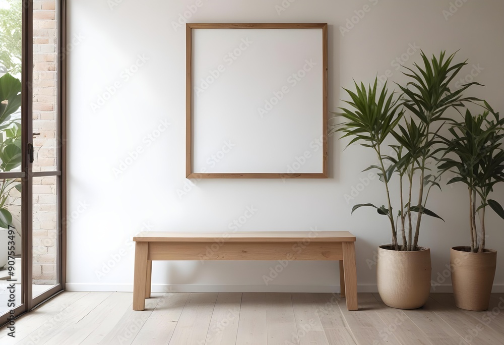A wooden frame on a white wall with a wooden bench and a potted plant in the foreground A wooden frame on a white wall with a wooden bench and a potted plant in the foreground