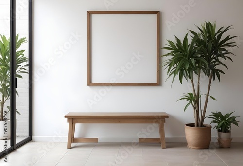 A wooden frame on a white wall with a wooden bench and a potted plant in the foreground