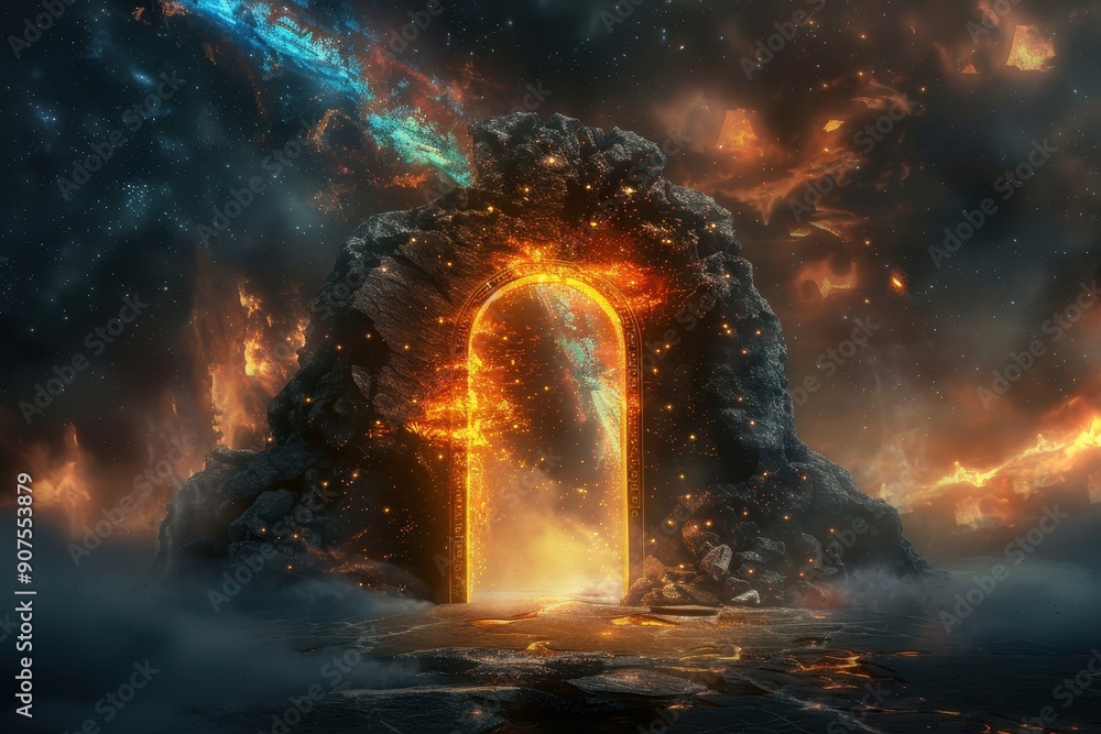 A flaming archway carved into a rocky cliff face opens to a distant galaxy. A flaming archway carved into a rocky cliff face opens to a distant galaxy.