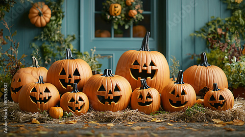 Realistic pumpkins of different sizes, some with carved faces, on a straw bed