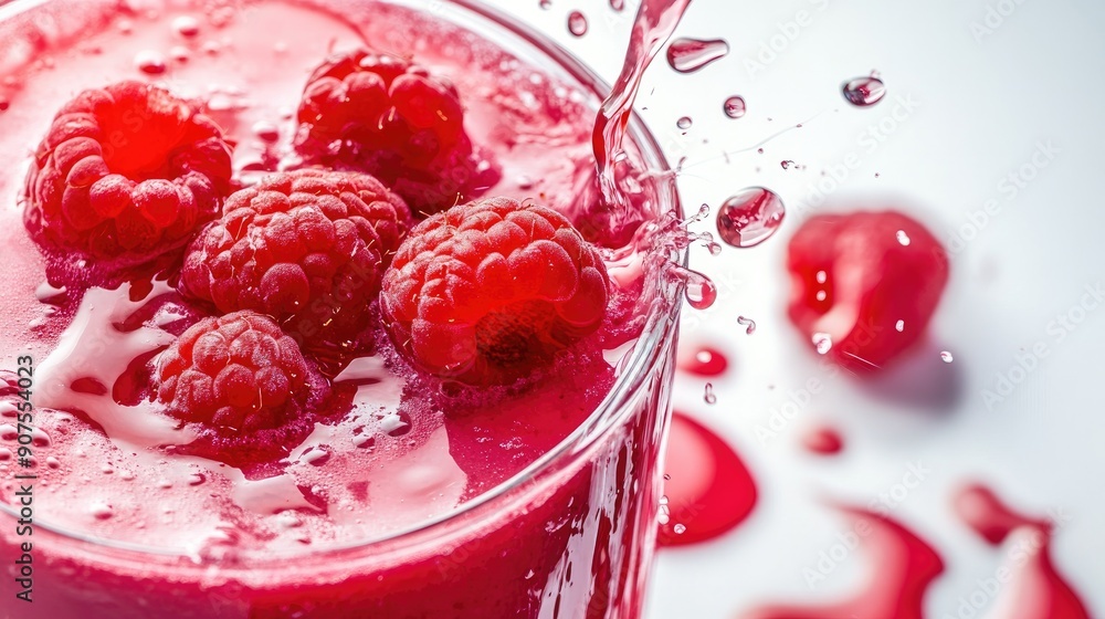 Berry smoothie splash with raspberries on white surface, showcasing vibrant colors and health benefits Berry smoothie splash with raspberries on white surface, showcasing vibrant colors and health benefits