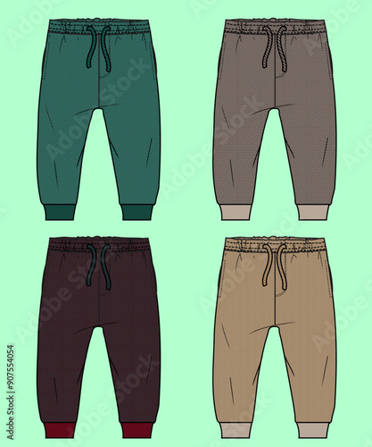 Boys winter terry fleece cuff jogger flat sketch outline vector fashion illustration template.