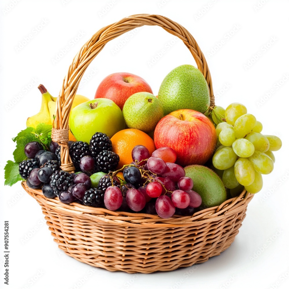 Ripe juicy fruits in basket isolated on white background Ripe juicy fruits in basket isolated on white background