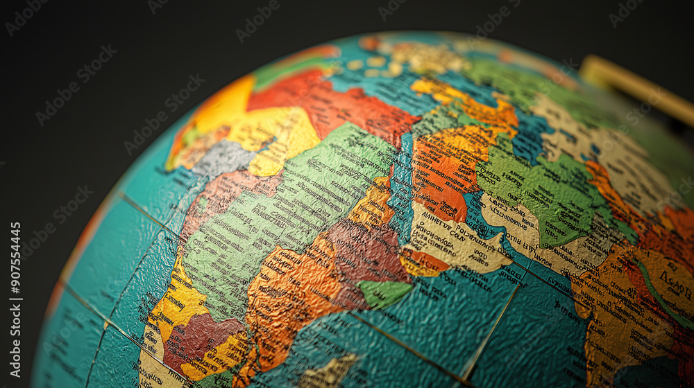 A vibrant stock photo of a detailed globe, highlighting various countries and continents. The globe is shown in a close-up view, showcasing its colors and textures. A vibrant stock photo of a detailed globe, highlighting various countries and continents. The globe is shown in a close-up view, showcasing its colors and textures.