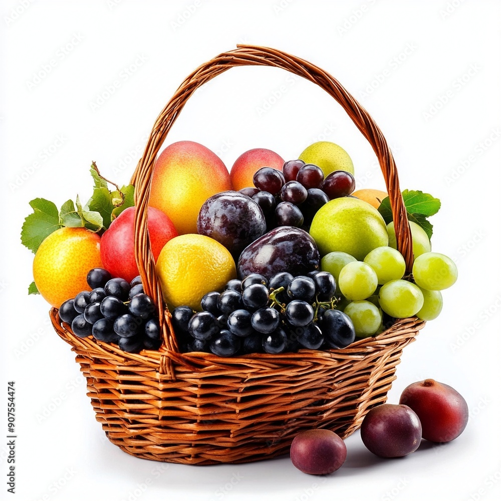 Ripe juicy fruits in basket isolated on white background Ripe juicy fruits in basket isolated on white background