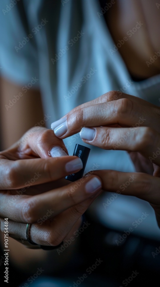 Obraz premium Close-up image of hands applying light pastel nail polish, capturing meticulous detail and calm environment. Reflects personal care and leisure in casual setting like home or salon.