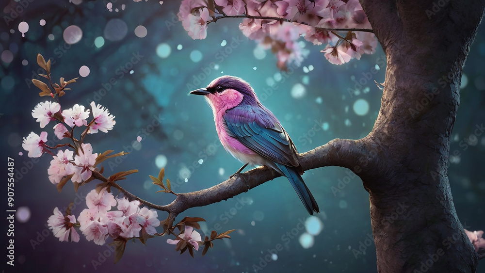 Fototapeta premium A bird perches on a tree branch, Surrounding the bird are branches with pink flowers and buds.