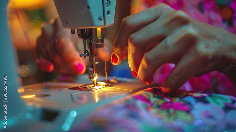 Close-up image of hands operating a sewing machine, one guiding the needle, the other on green fabric. Machine on white surface, background blurred for sewing focus. Close-up image of hands operating a sewing machine, one guiding the needle, the other on green fabric. Machine on white surface, background blurred for sewing focus.