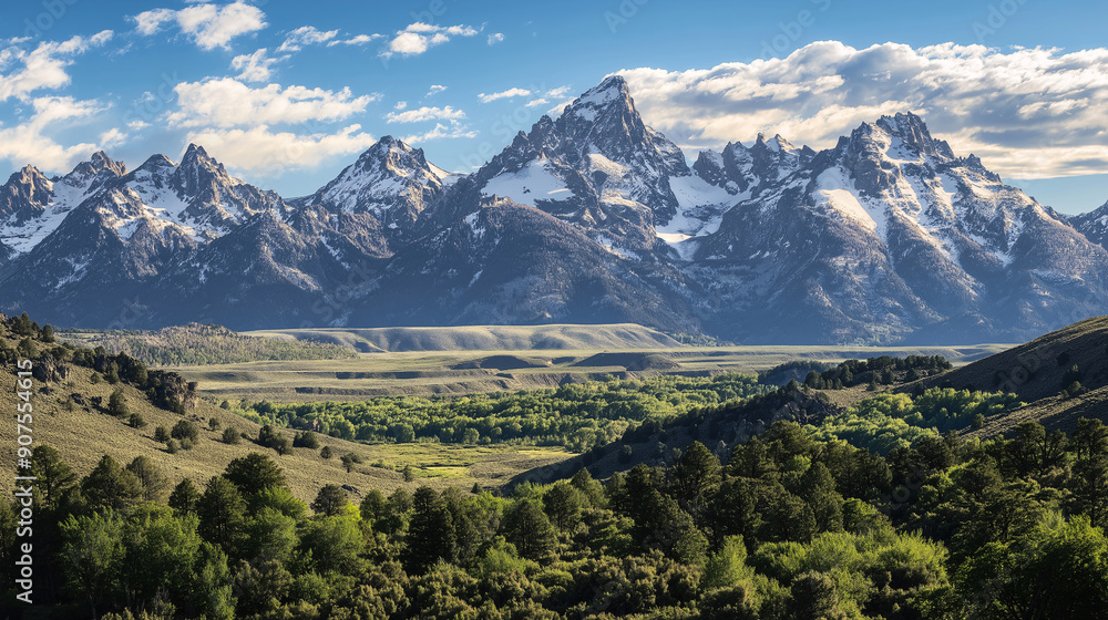 Fototapeta premium A stunning stock photo of a majestic mountain range with snow-capped peaks. The image captures the grandeur and natural beauty of the mountains.