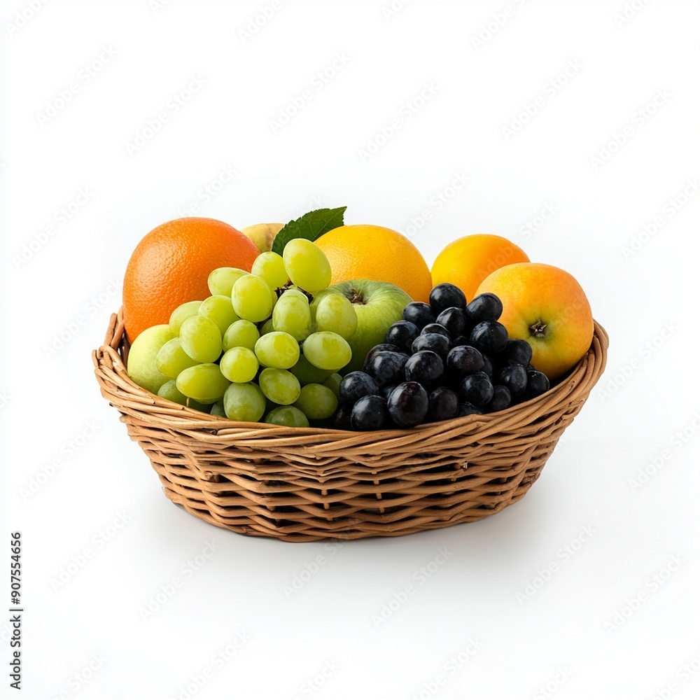 Ripe juicy fruits in basket isolated on white background Ripe juicy fruits in basket isolated on white background