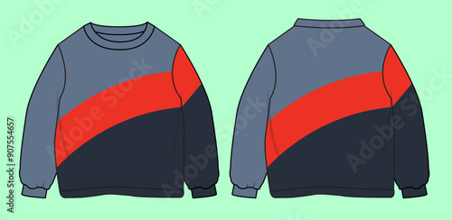 Toddler Boys retro base colour block terry fleece crew neck sweatshirt flat sketch outline vector fashion illustration template. 
