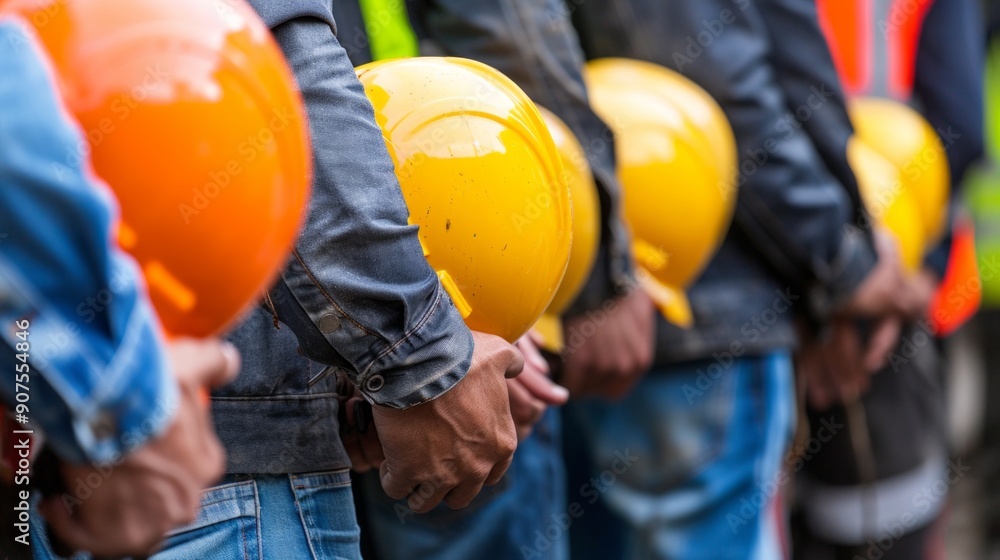 Construction workers in safety gear, wearing yellow or orange hard hats and vests, stand in a row showing depth, some holding hard hats, creating a solemn atmosphere. Construction workers in safety gear, wearing yellow or orange hard hats and vests, stand in a row showing depth, some holding hard hats, creating a solemn atmosphere.