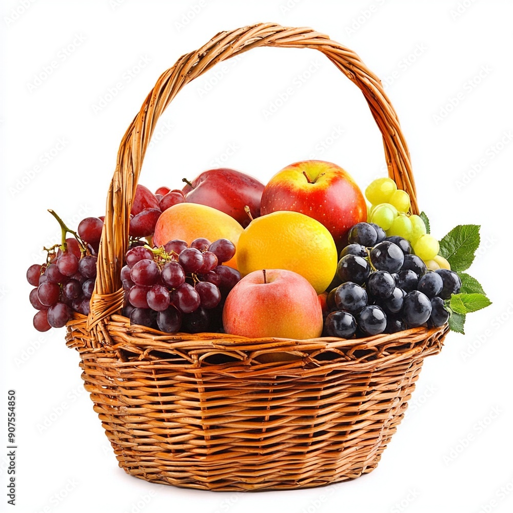 Ripe juicy fruits in basket isolated on white background Ripe juicy fruits in basket isolated on white background