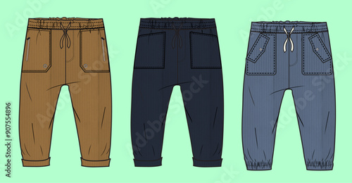 Toddler Boys winter jogger pants flat sketch outline vector fashion illustration template.