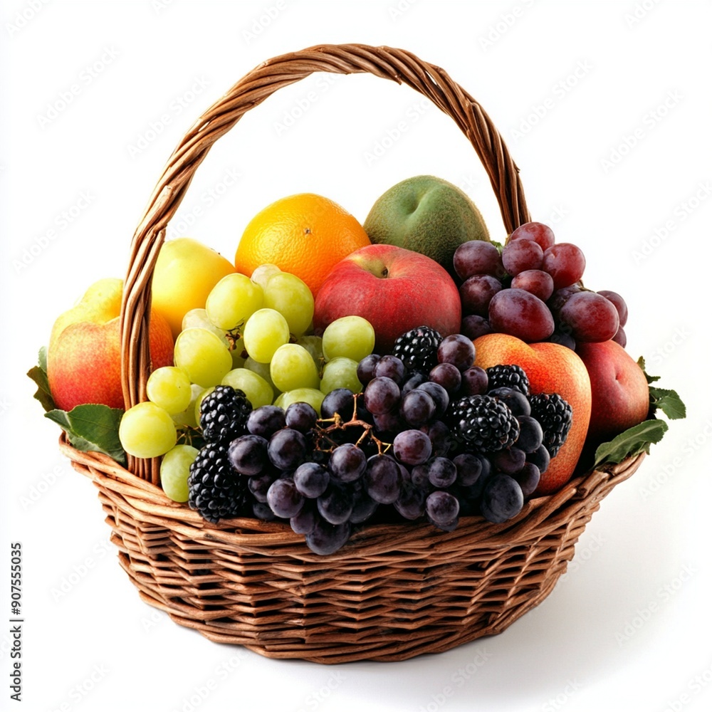 Ripe juicy fruits in basket isolated on white background Ripe juicy fruits in basket isolated on white background