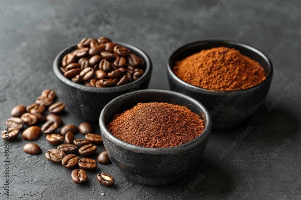 Different forms of coffee: whole beans, ground coffee, and instant coffee, presented in black ceramic bowls on a dark background. Different forms of coffee: whole beans, ground coffee, and instant coffee, presented in black ceramic bowls on a dark background.
