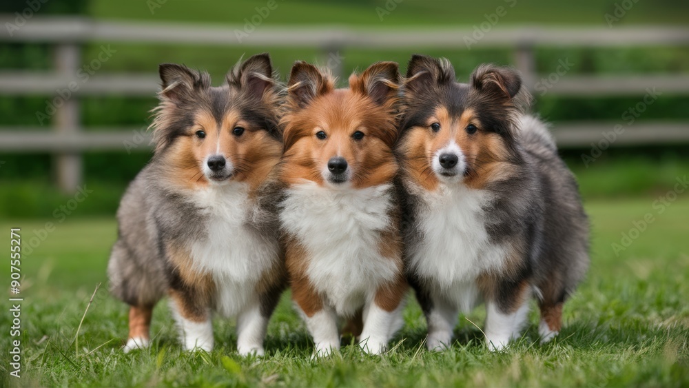 Three shetland sheepdogs standing in a field of grass, AI Three shetland sheepdogs standing in a field of grass, AI