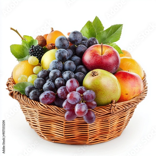 Ripe juicy fruits in basket isolated on white background