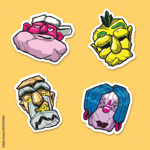 Sticker collection cool unique head rock funny creepy design Adobe Illustrator Artwork