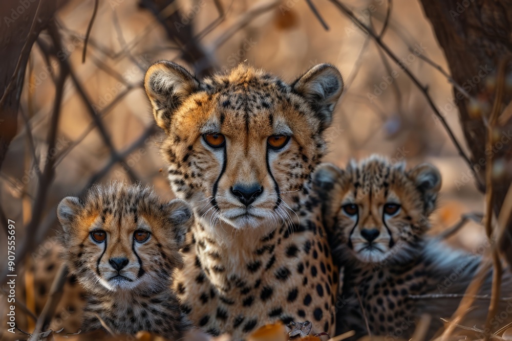 Obraz premium Cheetah mother with her cubs in a golden, sunlit landscape.