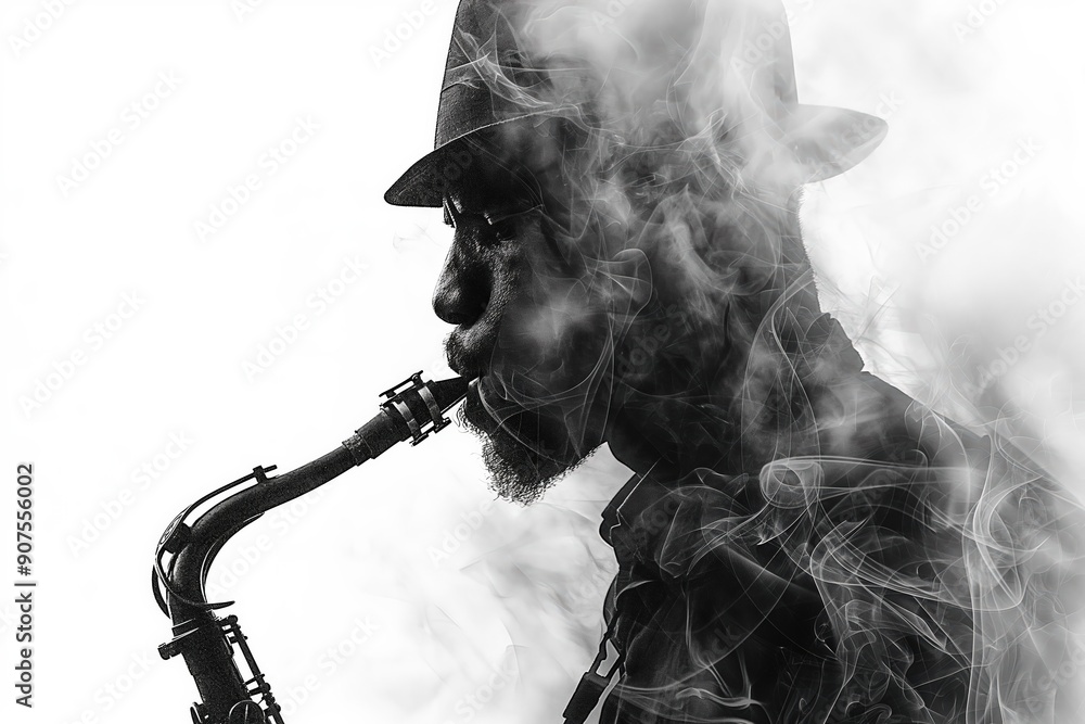 Obraz premium Saxophone player performing with dramatic smoke effect