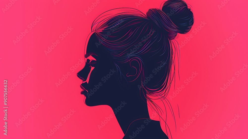 Digital art illustration of a woman's silhouette, with a bun in her hair, against a pink background. Digital art illustration of a woman's silhouette, with a bun in her hair, against a pink background.