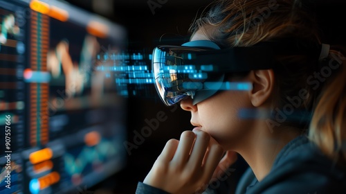 Young woman using futuristic augmented reality headset to analyze data, with digital interface overlay in a dark room. photo