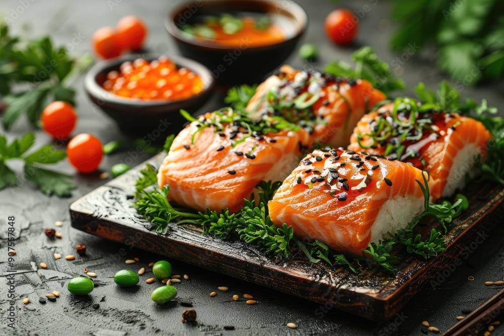 Salmon Sushi Nigiri with Black Sesame Seeds and Green Garnish Salmon Sushi Nigiri with Black Sesame Seeds and Green Garnish