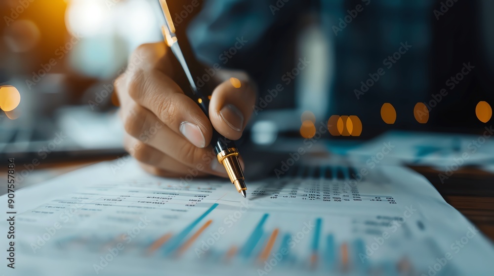 Close-up of a person analyzing financial data charts and graphs with a pen; concept of business, finance, and market analysis. Close-up of a person analyzing financial data charts and graphs with a pen; concept of business, finance, and market analysis.