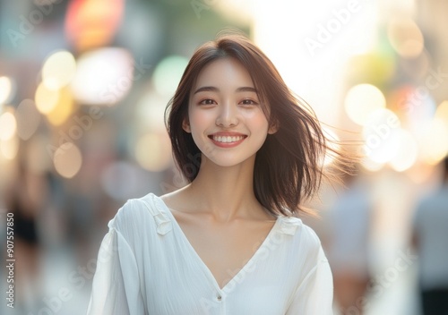 Stylish young Asian business woman walking in city street with blurred background of busy commercial area.