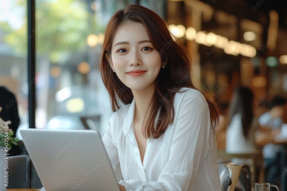 Business Woman working on a laptop in a coffee shop. Business Woman working on a laptop in a coffee shop.