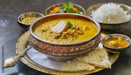 Authentic Dal Bhat: Traditional Nepali Meal of Lentil Soup and Rice photo