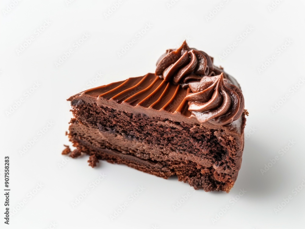 A single slice of moist chocolate cake on a white surface, perfect for display or use in food styling A single slice of moist chocolate cake on a white surface, perfect for display or use in food styling