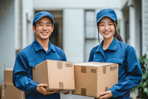 Goods deliver smiling while carrying cardboard boxes.