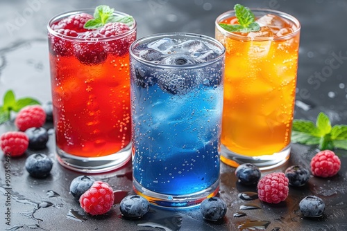 Three Glasses of Cold Refreshing Drinks with Raspberries and Blueberries photo