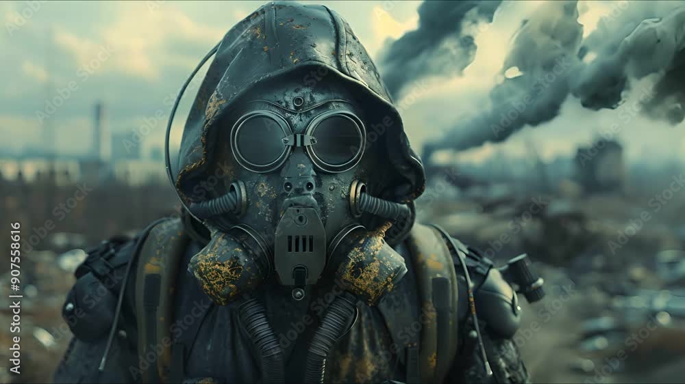 A hooded figure wearing a gas mask stands amidst a blurry city street, rain falling around them. A hooded figure wearing a gas mask stands amidst a blurry city street, rain falling around them.
